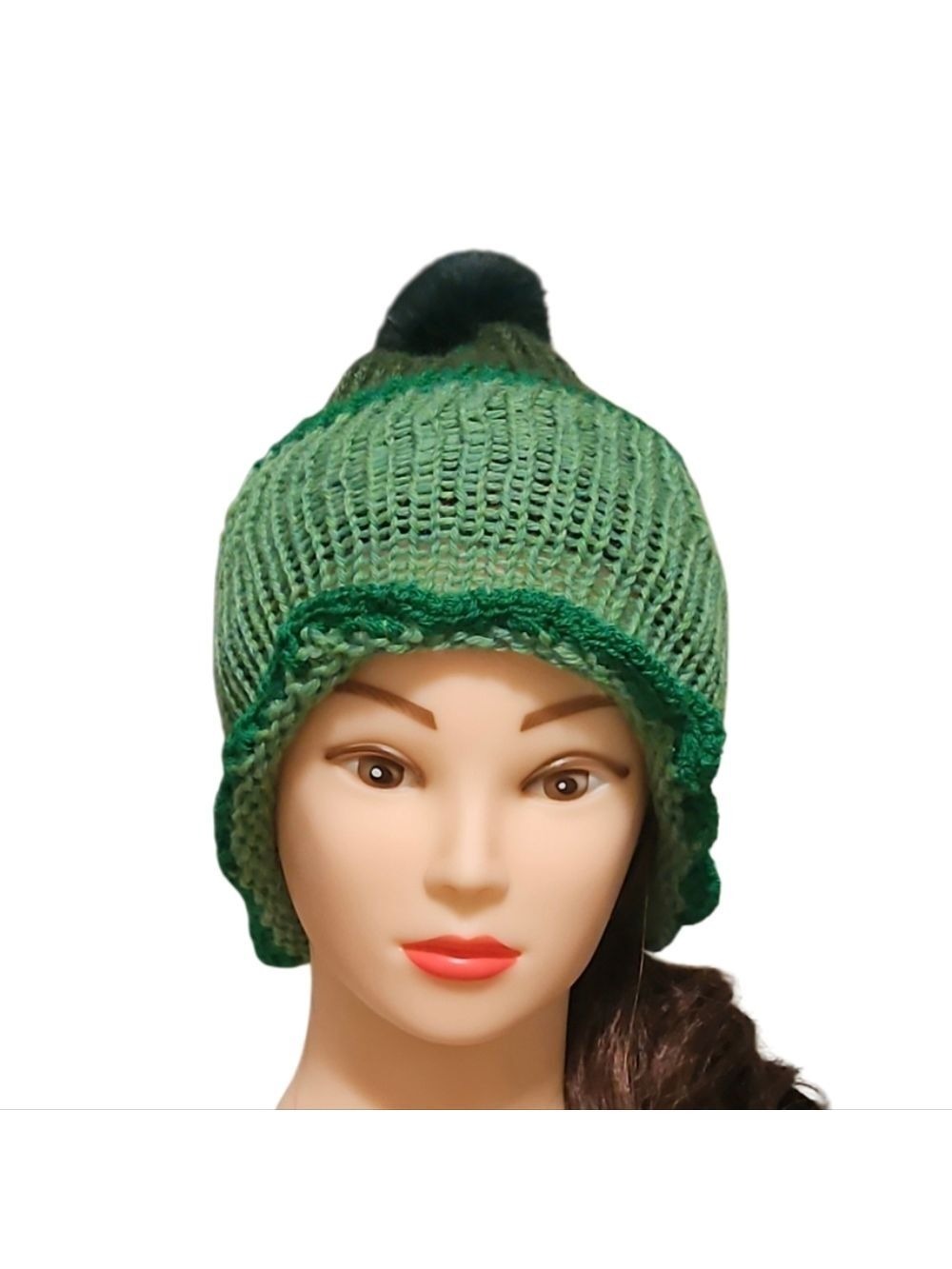 Hand Crafted Crochet Pom Pom Beanie Kids Green Knitted Hat Striped Ruffle Brim